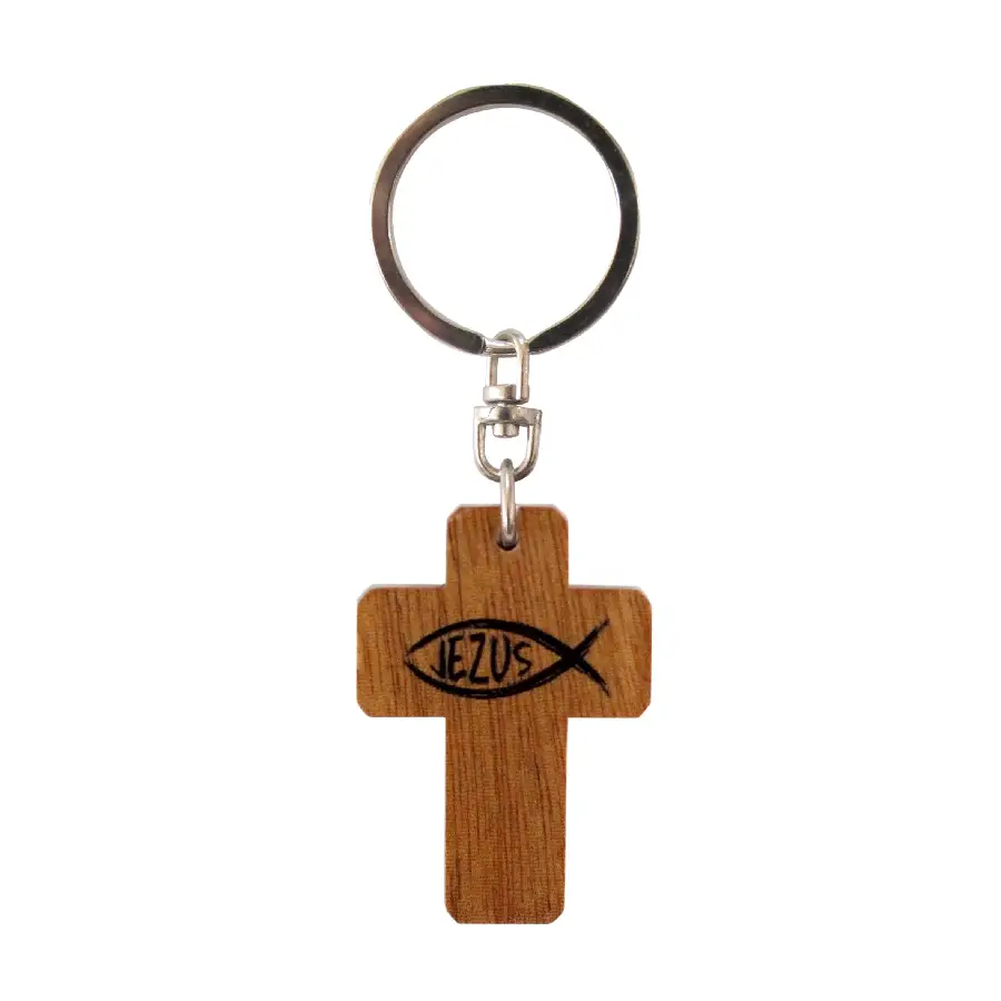 Sleutelhanger kruis hout vis/jezus